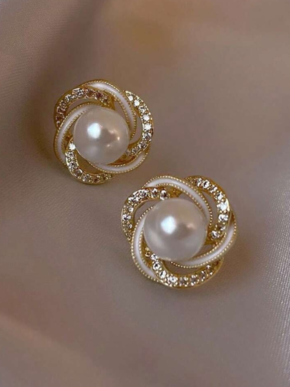Gold Pearl Knot Stud Earrings - Elegant White Pearls